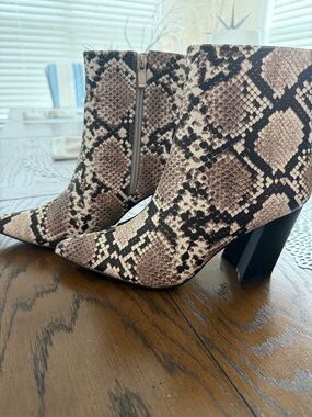 JustFab Snake-Print Pointed Ankle Booties in Beige and Black